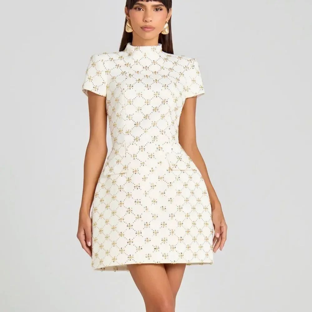 ✨NEW✨ Nadine Merabi Morgan Bead Diamond Print Cocktail Mini Dress Gold Ivory